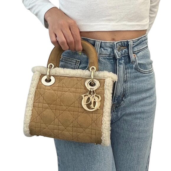 Christian Dior Lady Dior Cannage Mouton 2way Mini Bag Camel Gold Suede [105603] - Picture 2 of 15